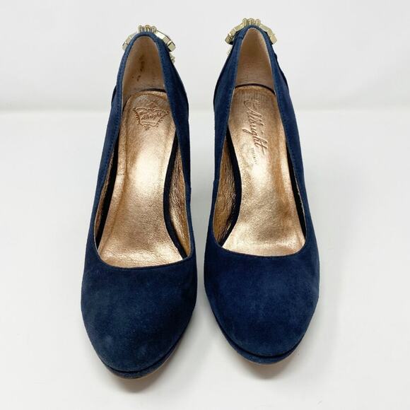 Anthro Miss Albright Navy Blue Suede Almond Toe Pumps Size 8.5 Rhinestone Accent - Picture 3 of 9